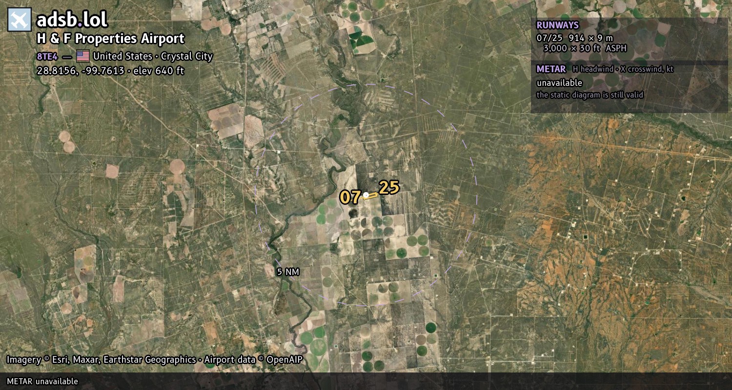 Satellite map with the runway layout of H & F Properties Airport (8TE4)