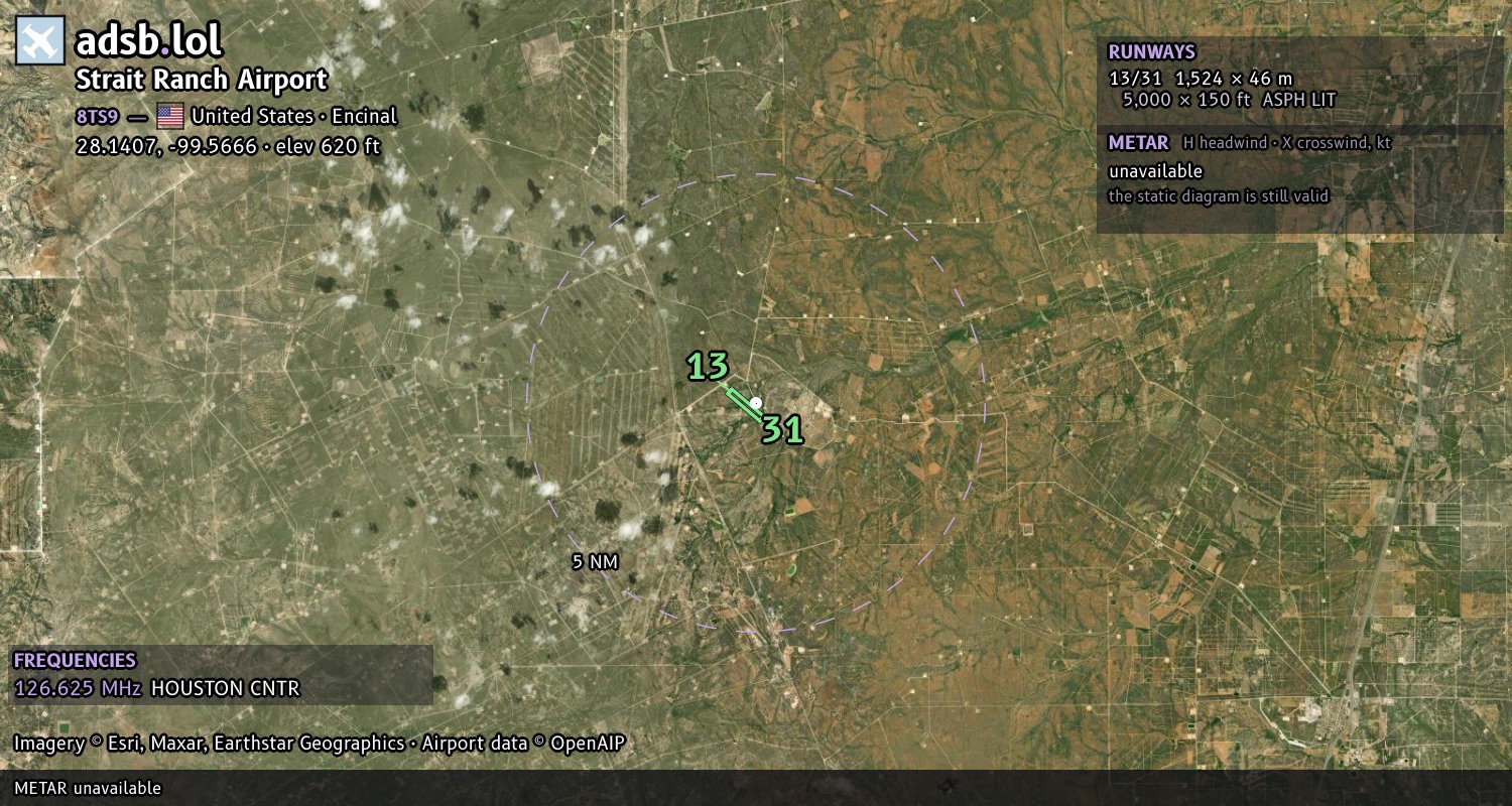 Satellite map with the runway layout of Strait Ranch Airport (8TS9)