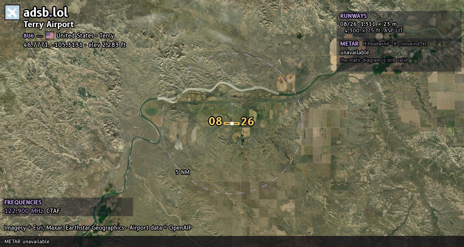 Satellite map with the runway layout of Terry Airport (8U6)