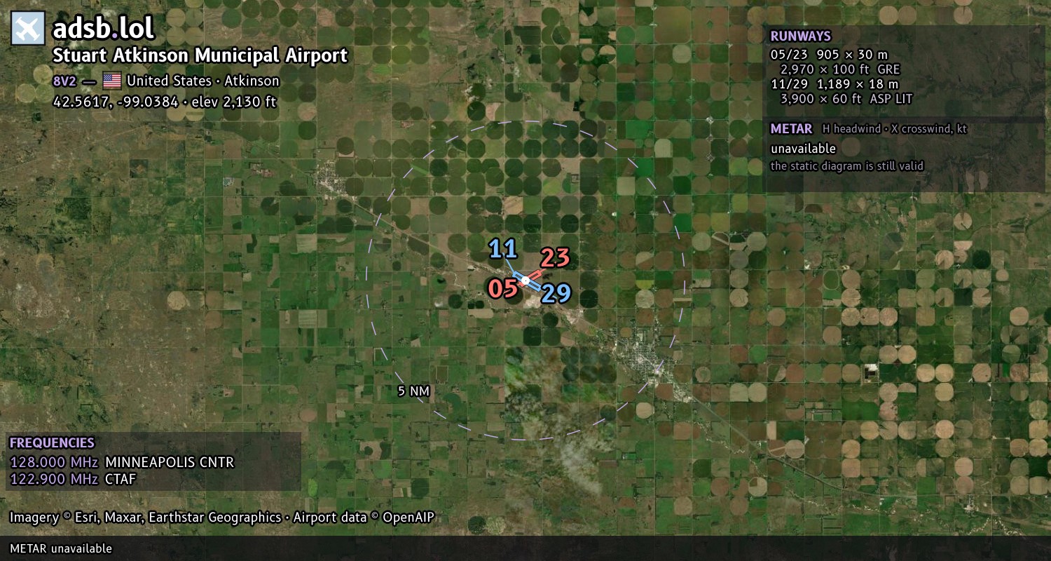 Satellite map with the runway layout of Stuart Atkinson Municipal Airport (8V2)