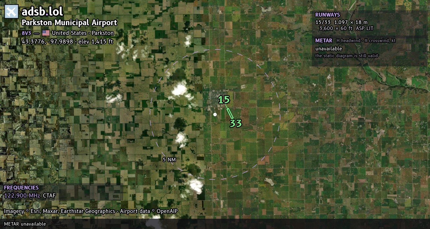 Satellite map with the runway layout of Parkston Municipal Airport (8V3)
