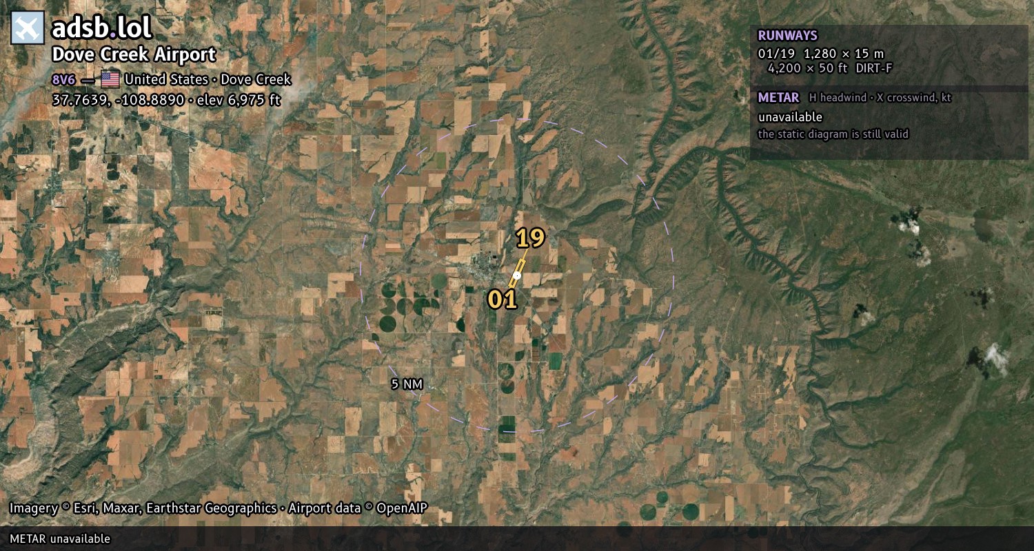 Satellite map with the runway layout of Dove Creek Airport (8V6)