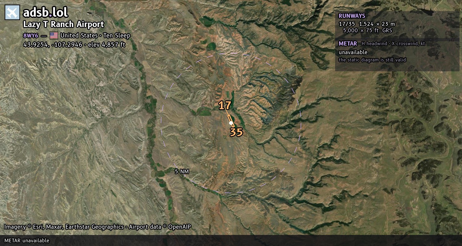 Satellite map with the runway layout of Lazy T Ranch Airport (8WY6)