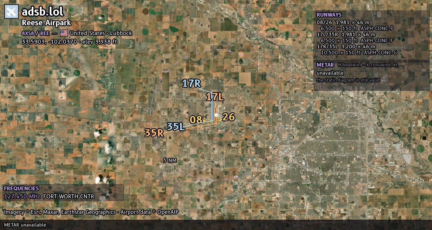 Satellite map with the runway layout of Reese Airpark (8XS8)
