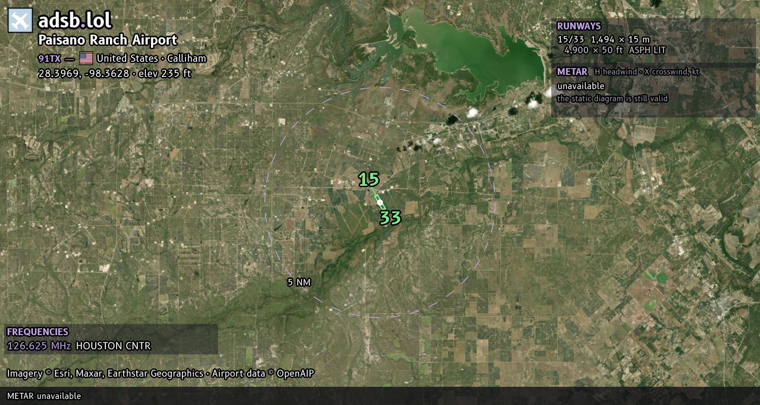 Satellite map with the runway layout of Paisano Ranch Airport (91TX)
