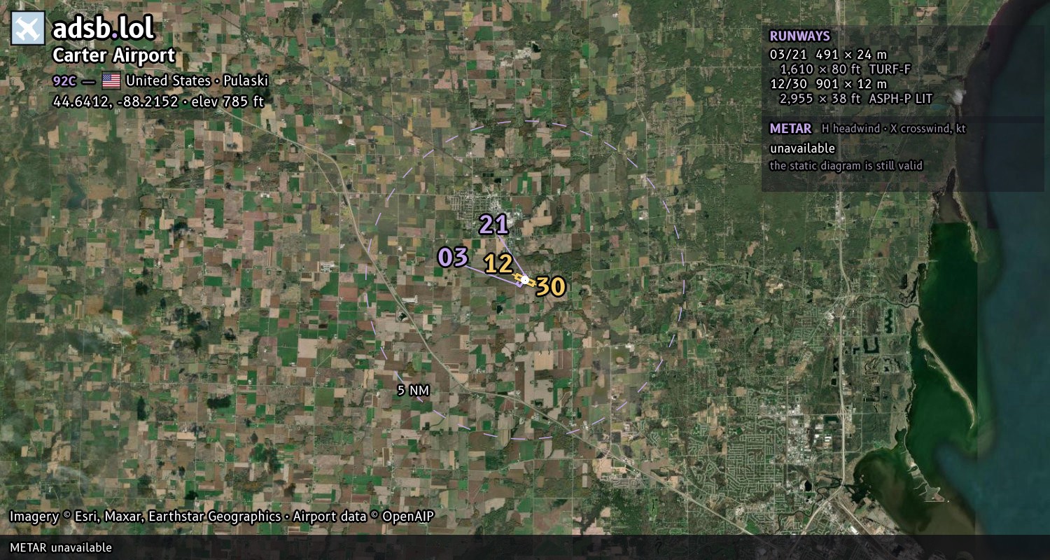 Satellite map with the runway layout of Carter Airport (92C)