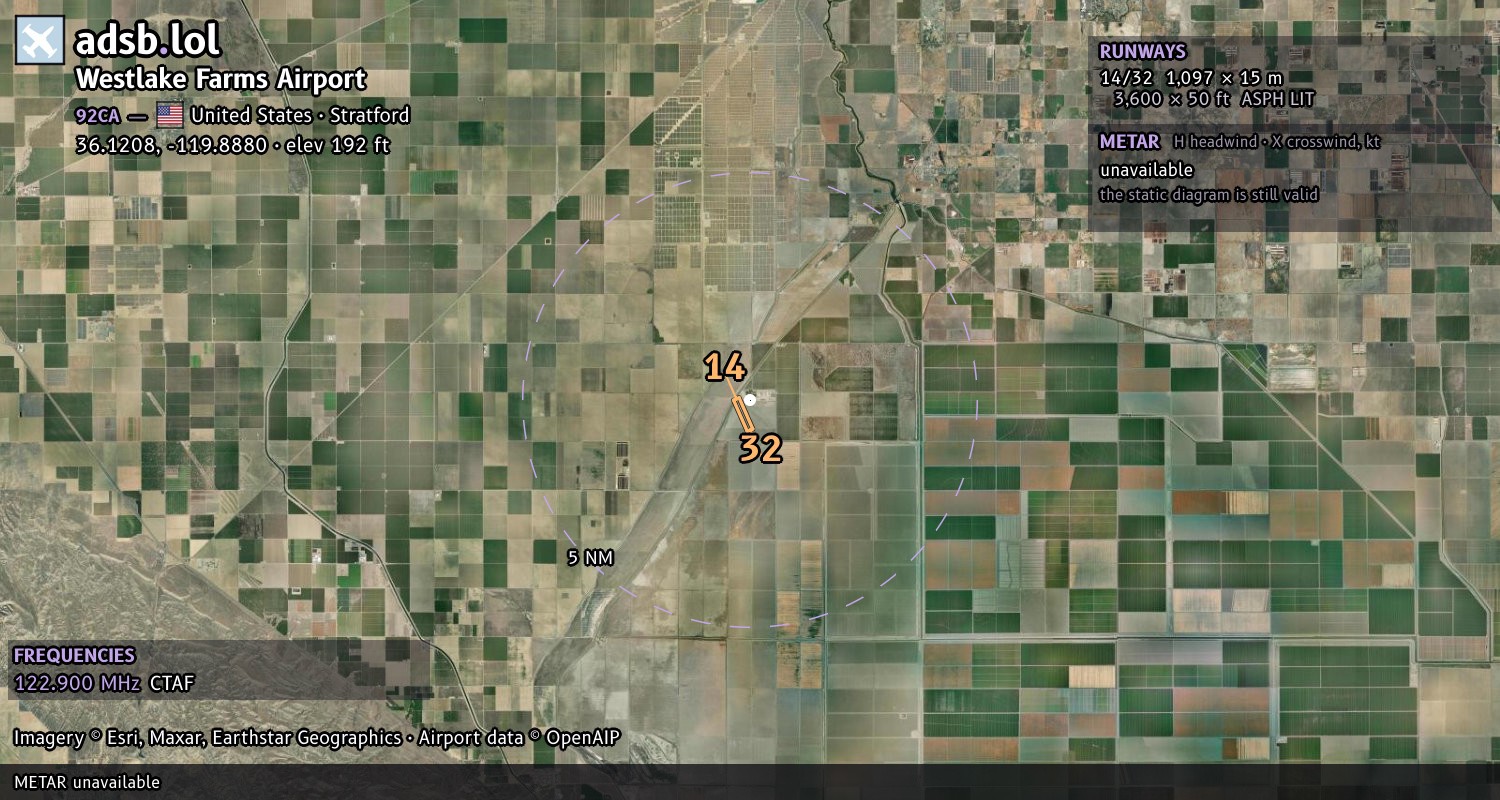 Satellite map with the runway layout of Westlake Farms Airport (92CA)