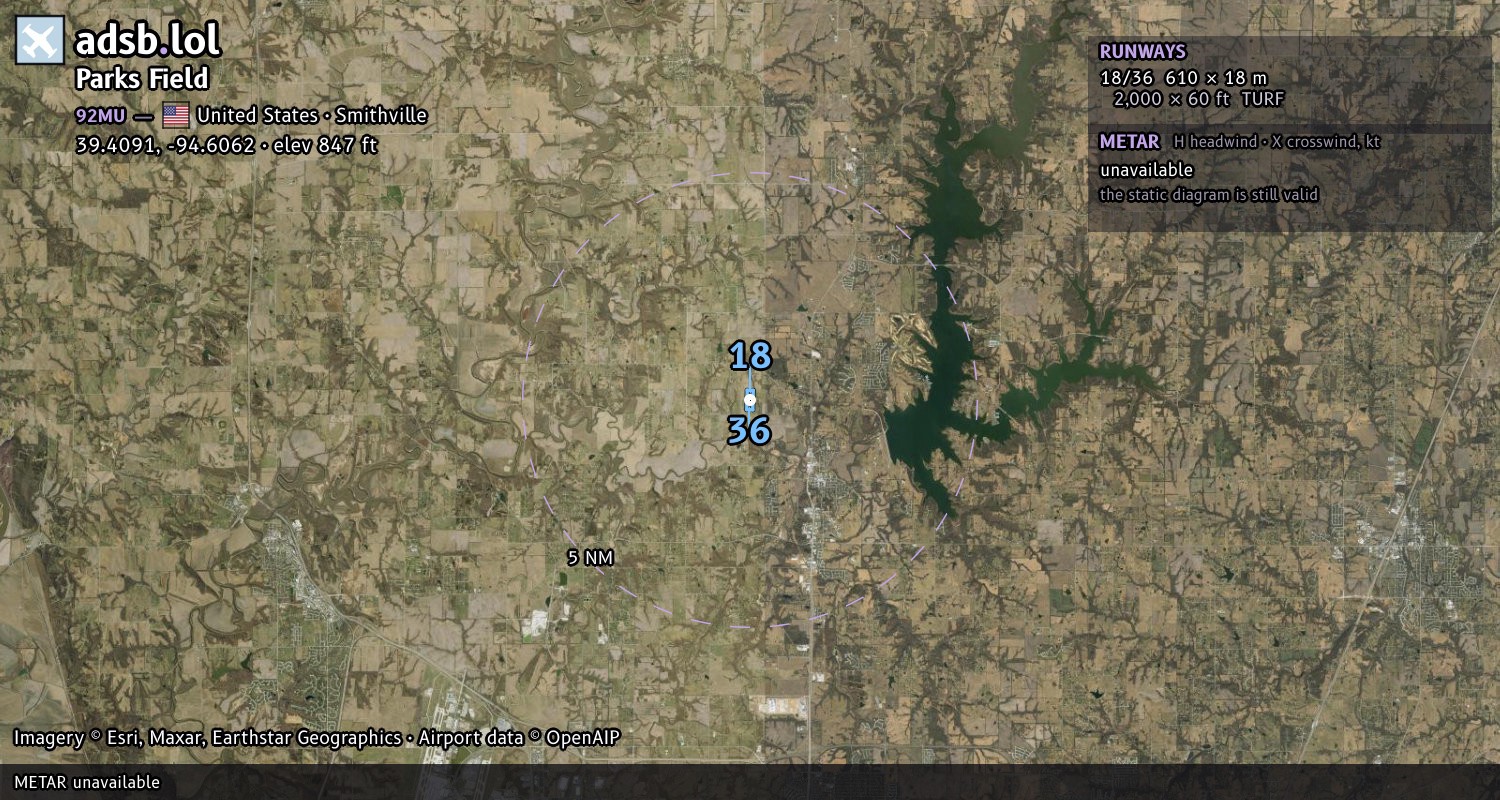 Satellite map with the runway layout of Parks Field (92MU)