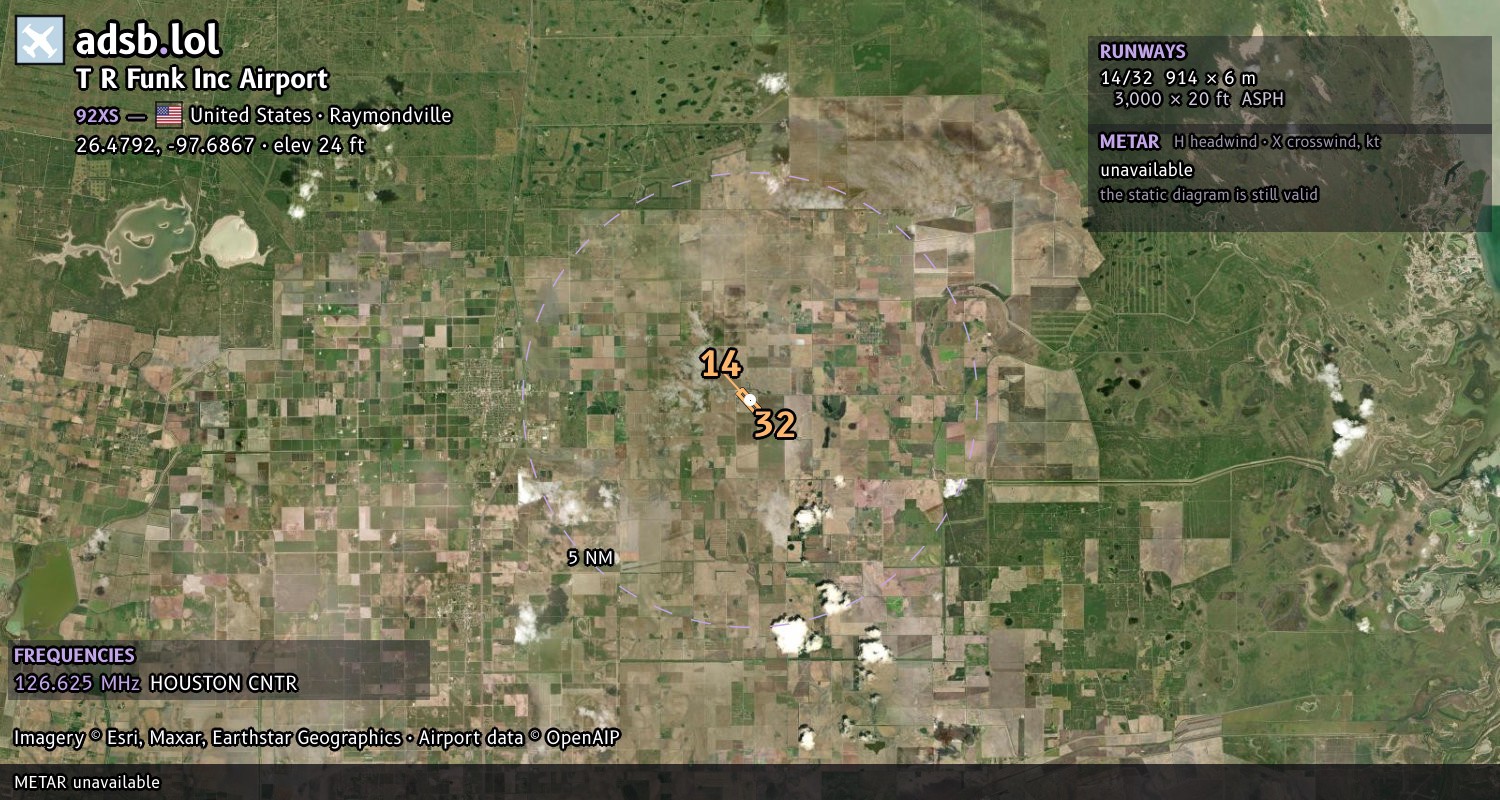 Satellite map with the runway layout of T R Funk Inc Airport (92XS)