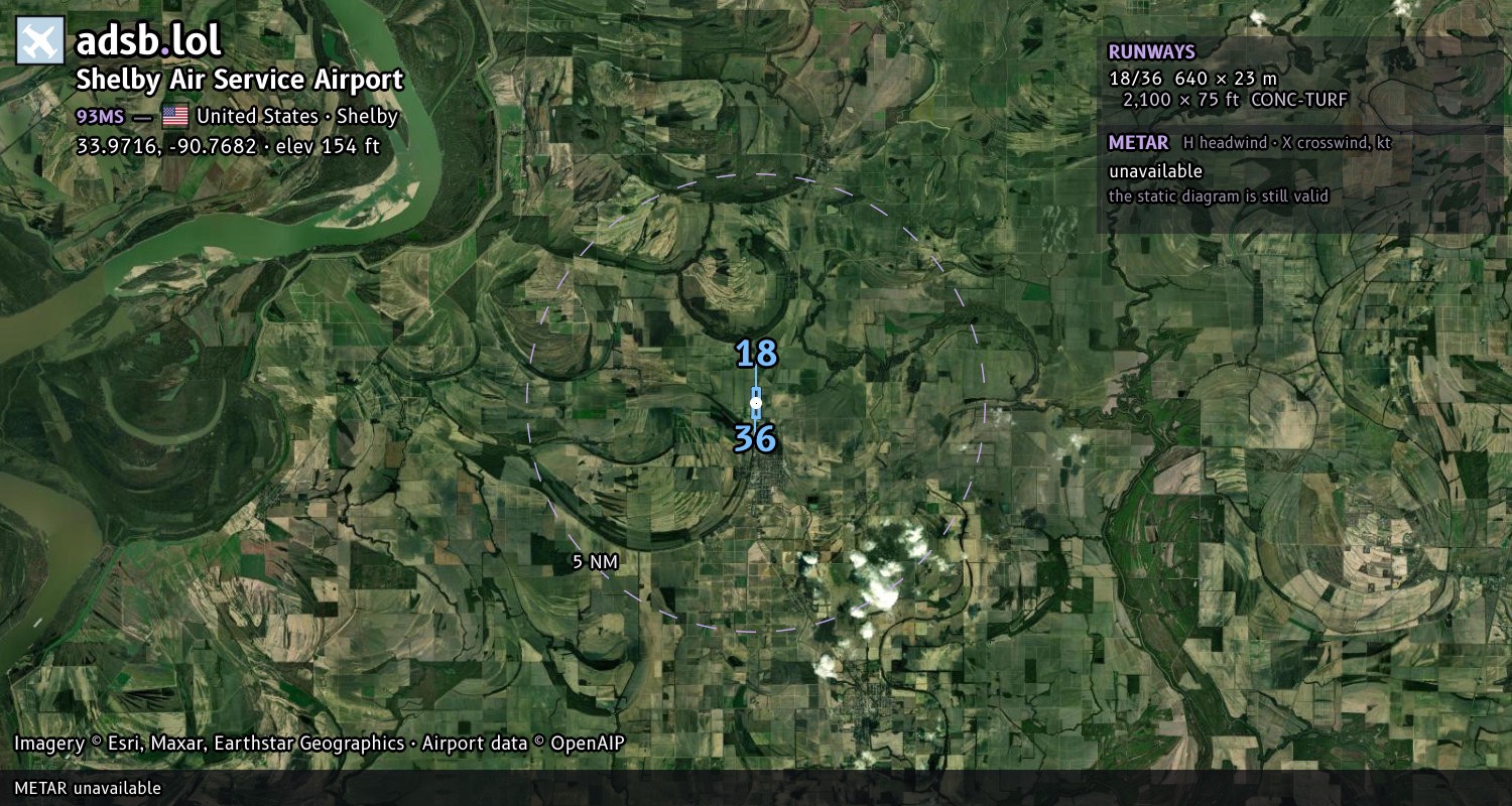 Satellite map with the runway layout of Shelby Air Service Airport (93MS)