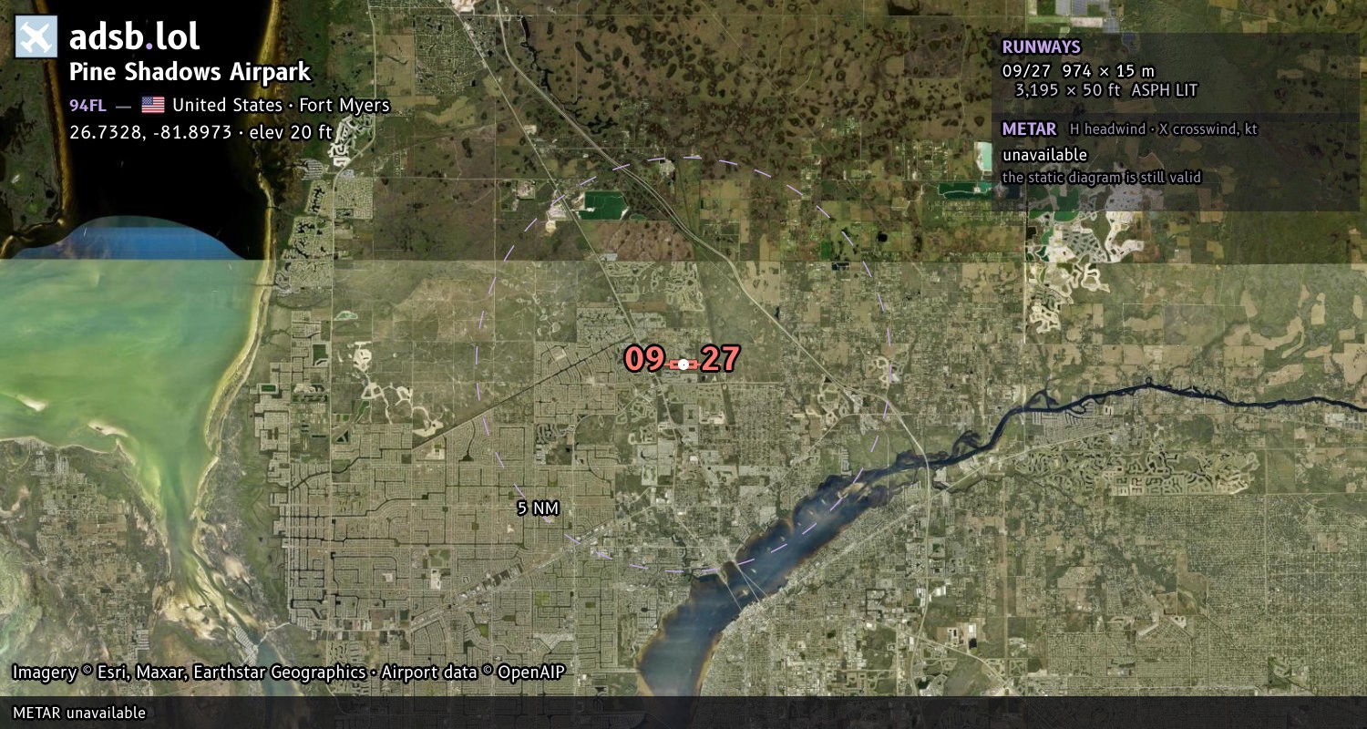 Satellite map with the runway layout of Pine Shadows Airpark (94FL)
