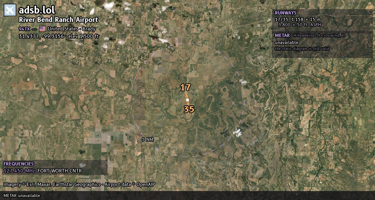 Satellite map with the runway layout of River Bend Ranch Airport (94TX)