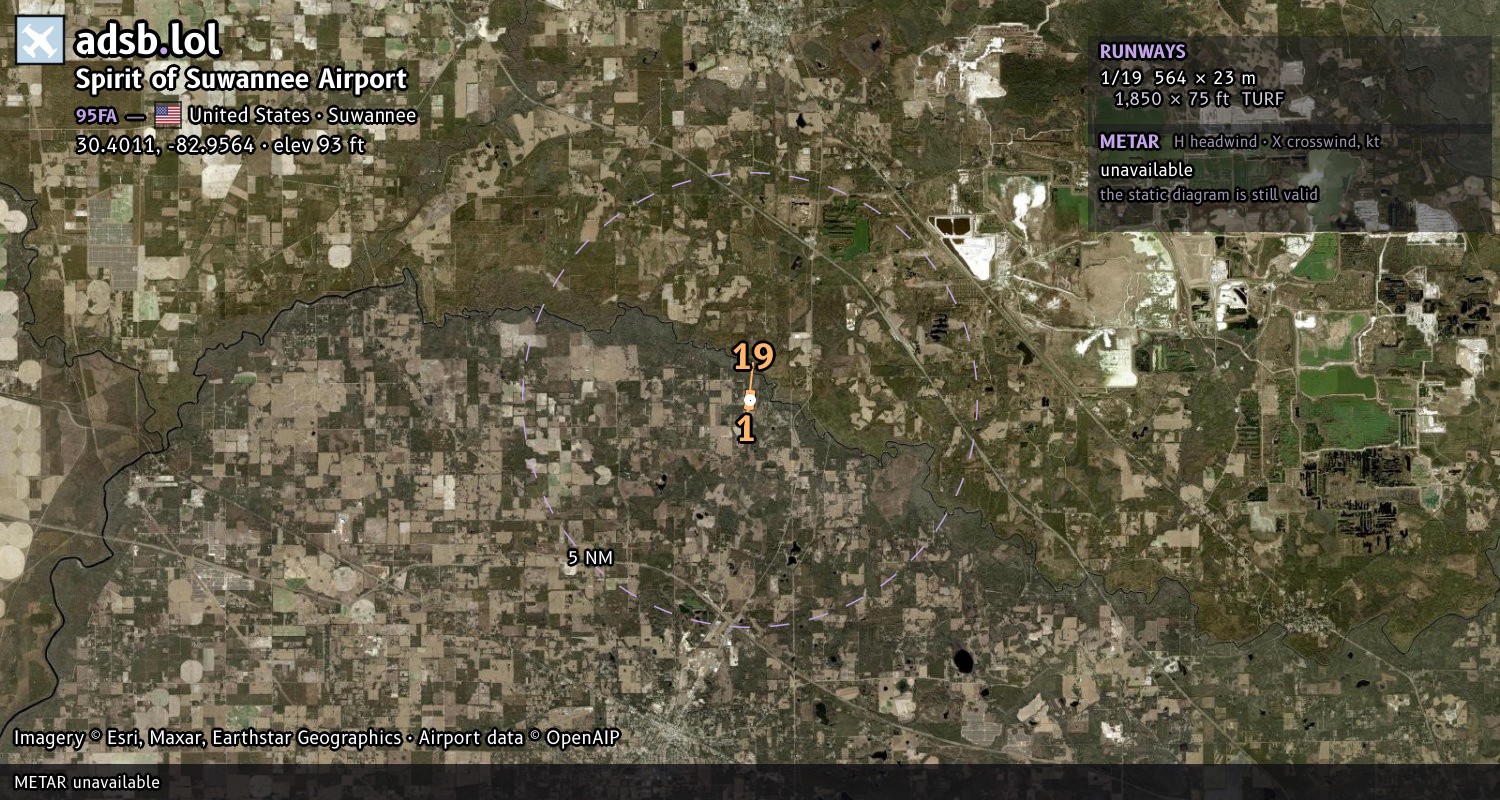 Satellite map with the runway layout of Spirit of Suwannee Airport (95FA)