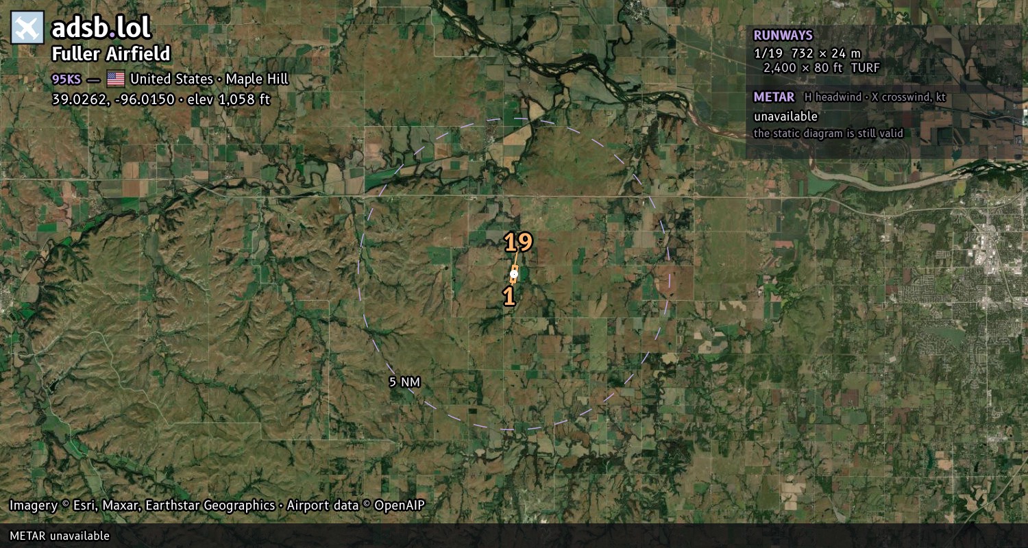 Satellite map with the runway layout of Fuller Airfield (95KS)