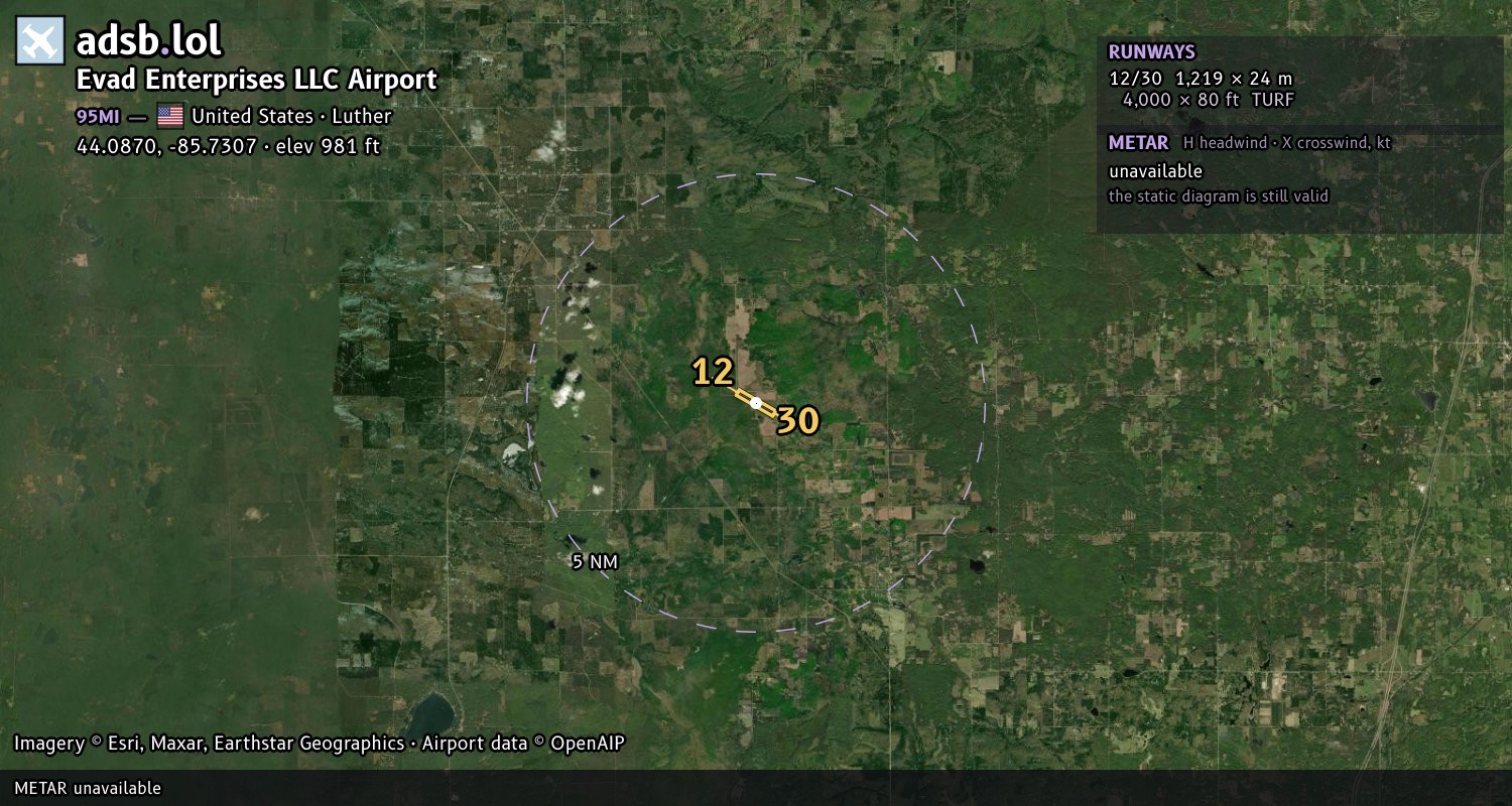 Satellite map with the runway layout of Evad Enterprises LLC Airport (95MI)