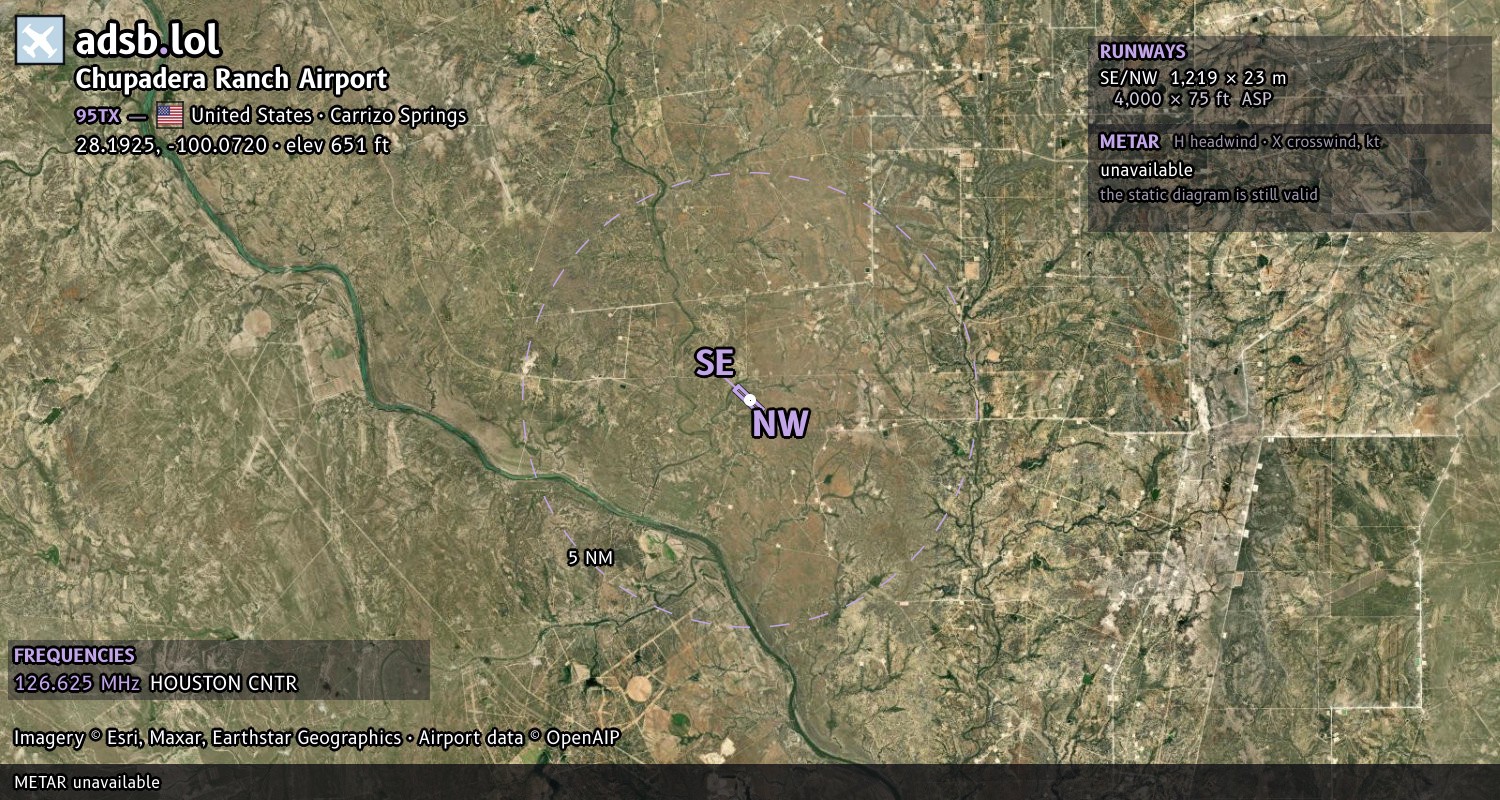 Satellite map with the runway layout of Chupadera Ranch Airport (95TX)