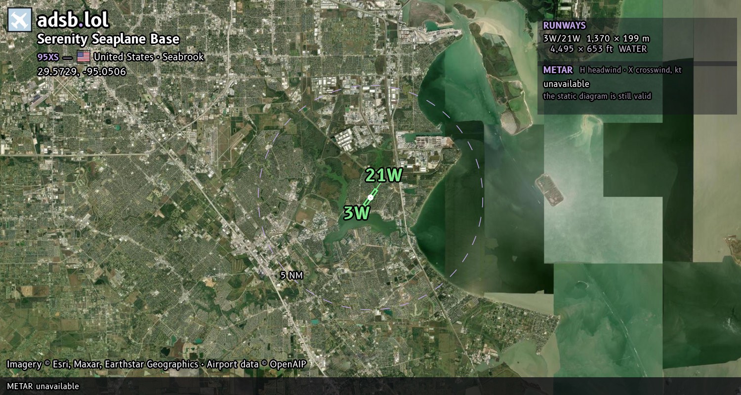 Satellite map with the runway layout of Serenity Seaplane Base (95XS)