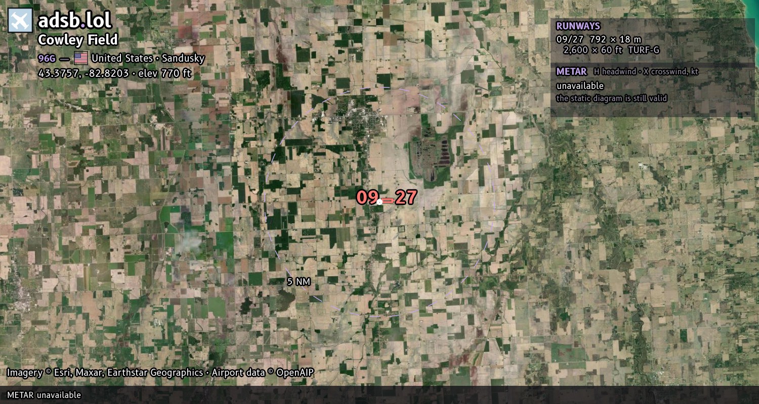 Satellite map with the runway layout of Cowley Field (96G)