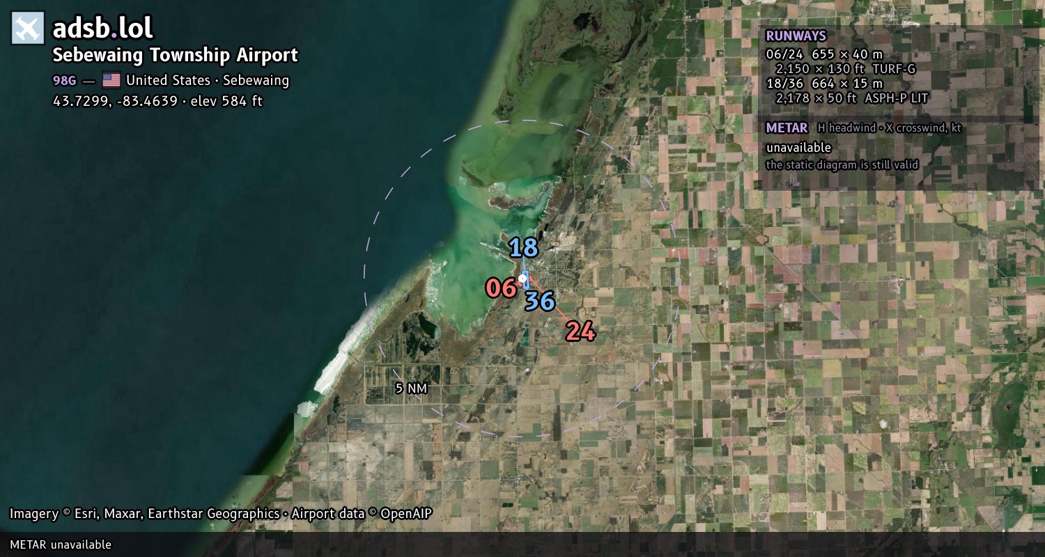 Satellite map with the runway layout of Sebewaing Township Airport (98G)