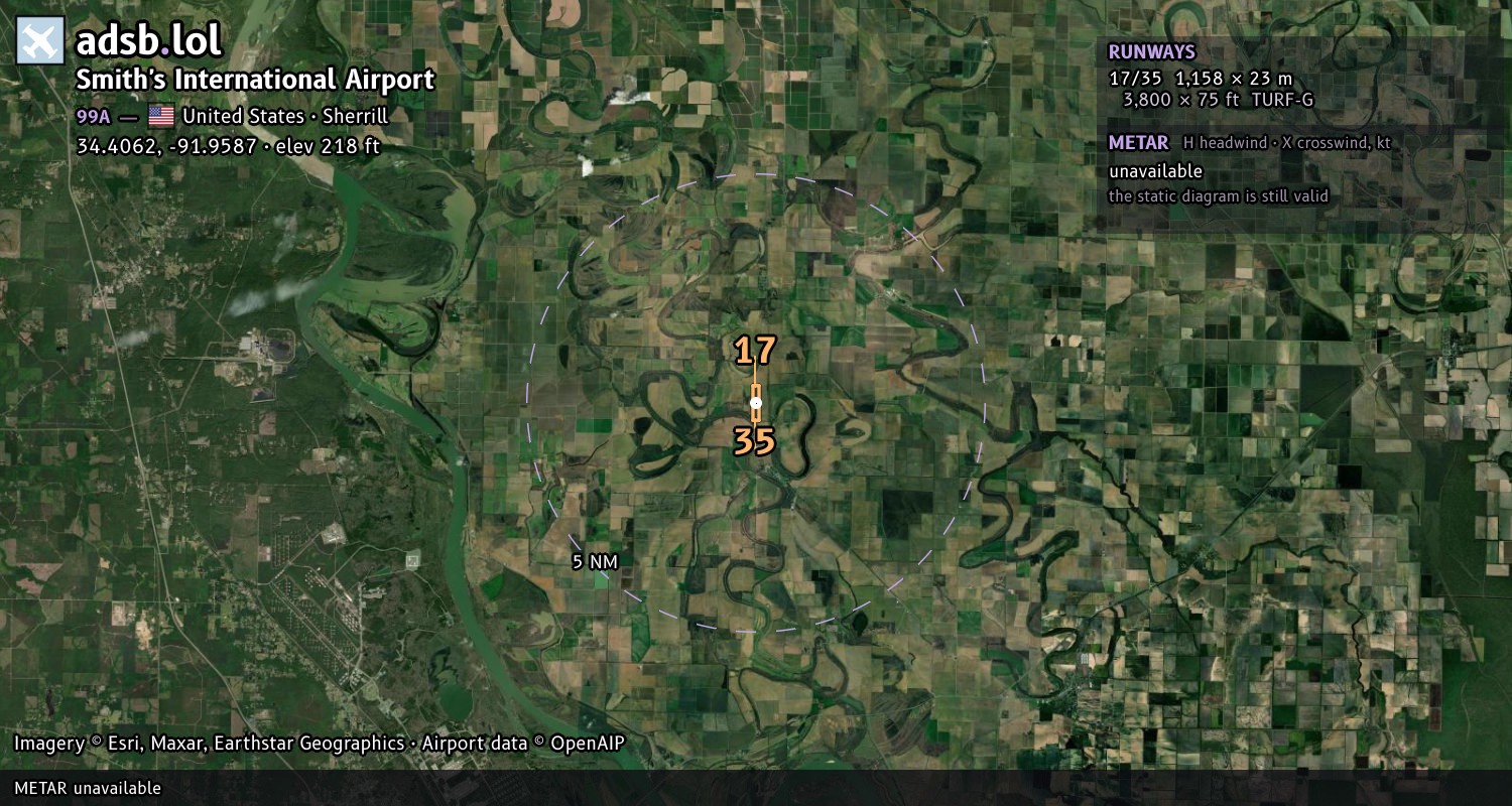 Satellite map with the runway layout of Smith's International Airport (99A)