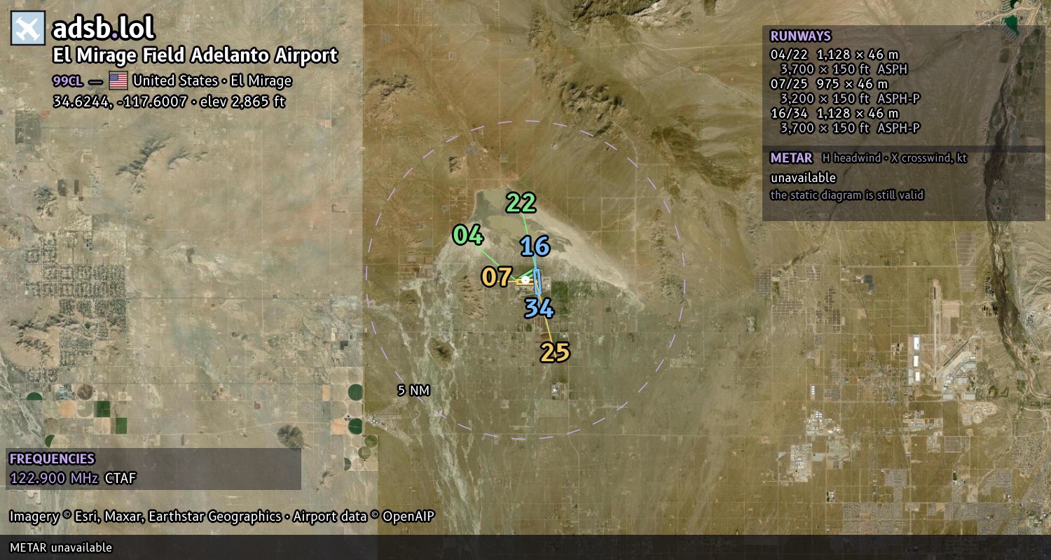 Satellite map with the runway layout of El Mirage Field Adelanto Airport (99CL)