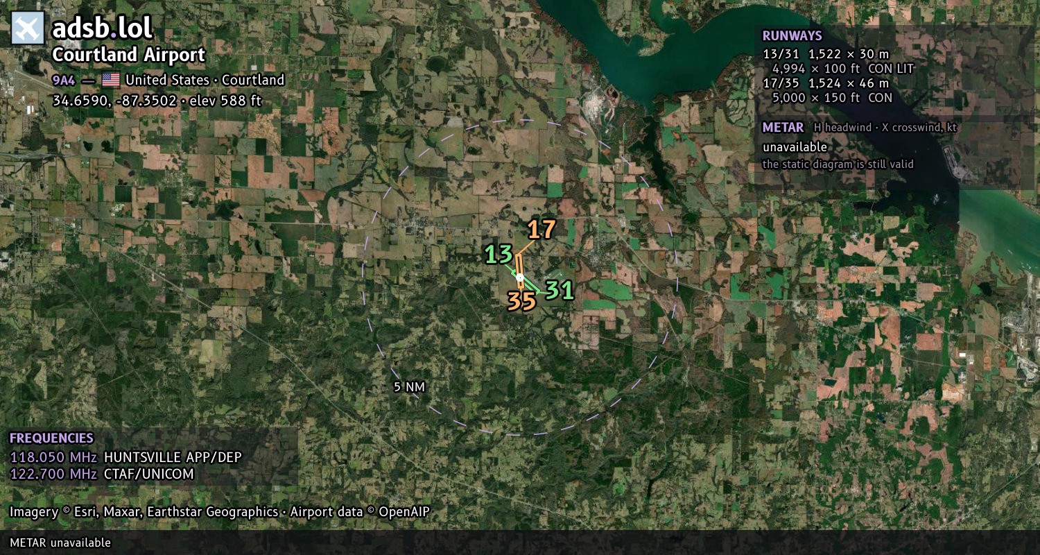 Satellite map with the runway layout of Courtland Airport (9A4)