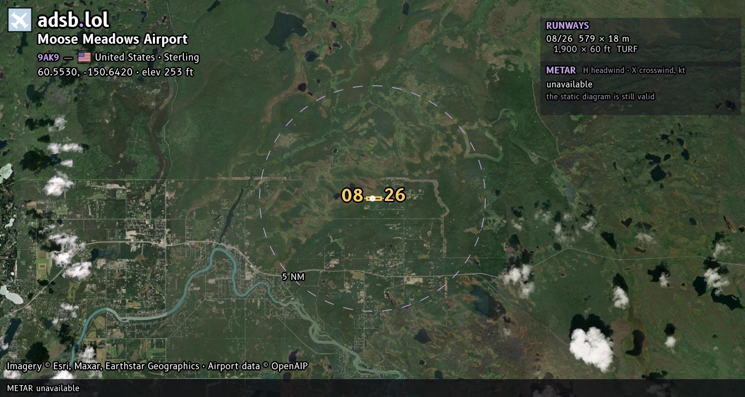 Satellite map with the runway layout of Moose Meadows Airport (9AK9)