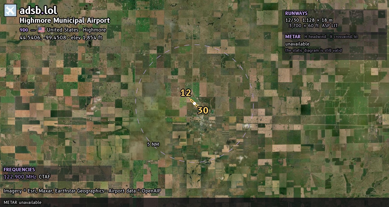 Satellite map with the runway layout of Highmore Municipal Airport (9D0)