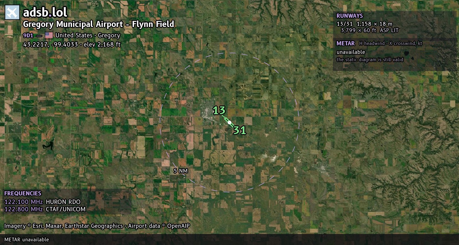 Satellite map with the runway layout of Gregory Municipal Airport - Flynn Field (9D1)
