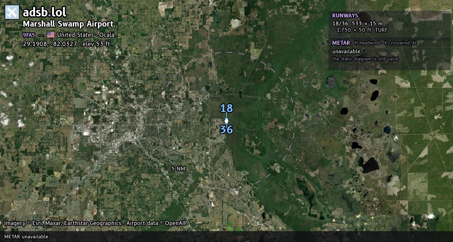 Satellite map with the runway layout of Marshall Swamp Airport (9FA5)