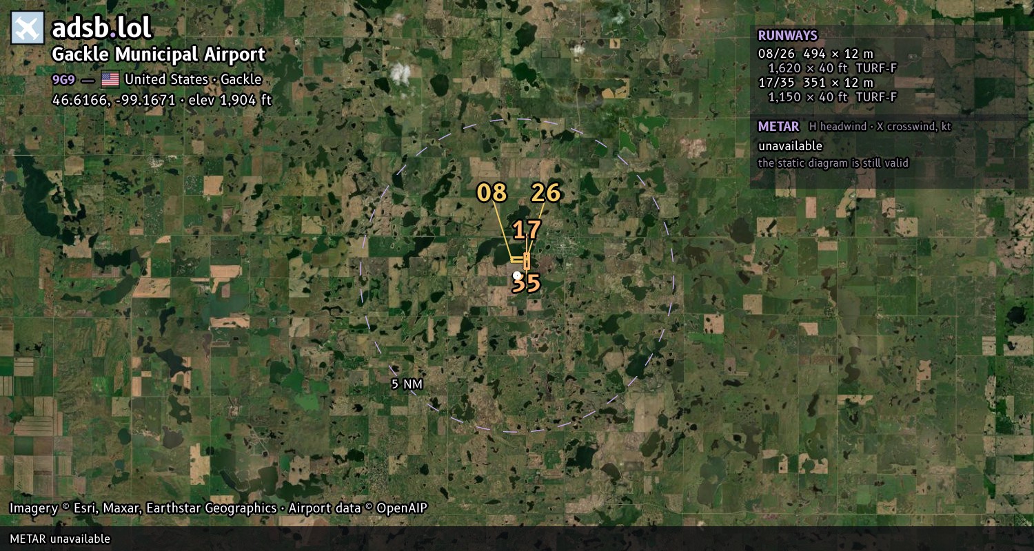 Satellite map with the runway layout of Gackle Municipal Airport (9G9)