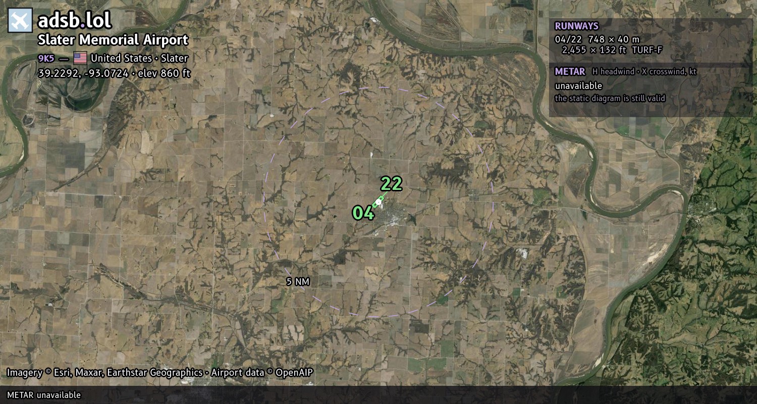 Satellite map with the runway layout of Slater Memorial Airport (9K5)