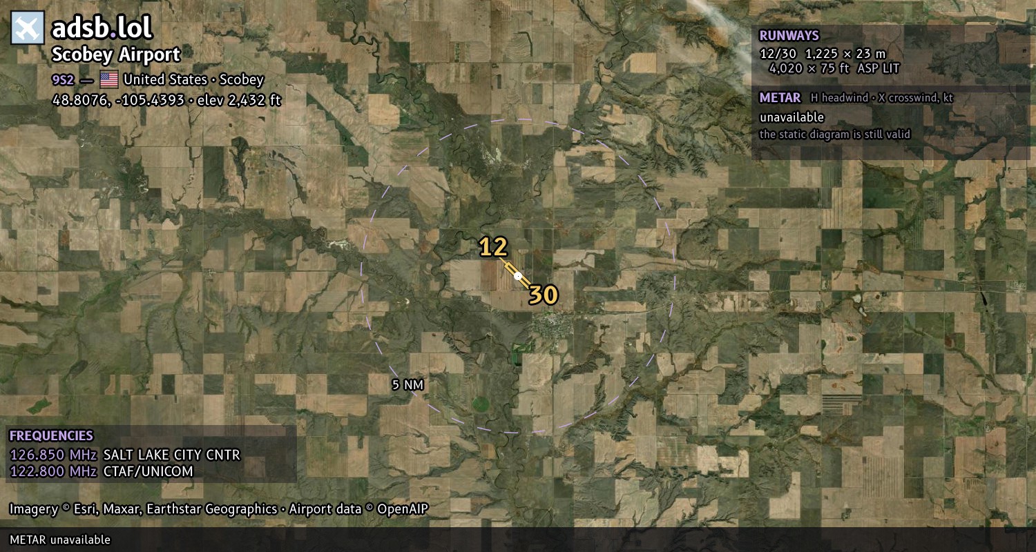 Satellite map with the runway layout of Scobey Airport (9S2)