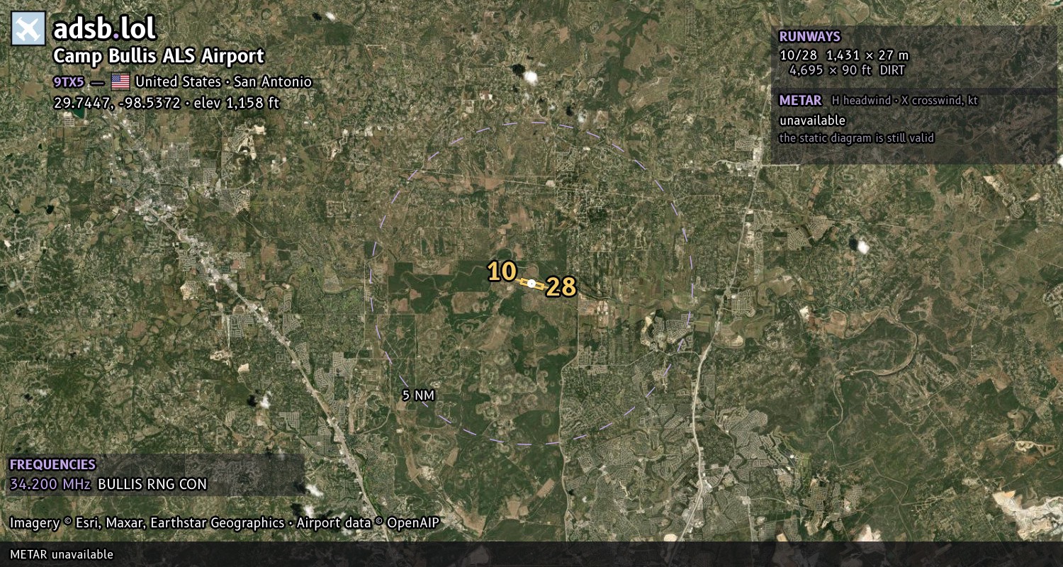 Satellite map with the runway layout of Camp Bullis ALS Airport (9TX5)