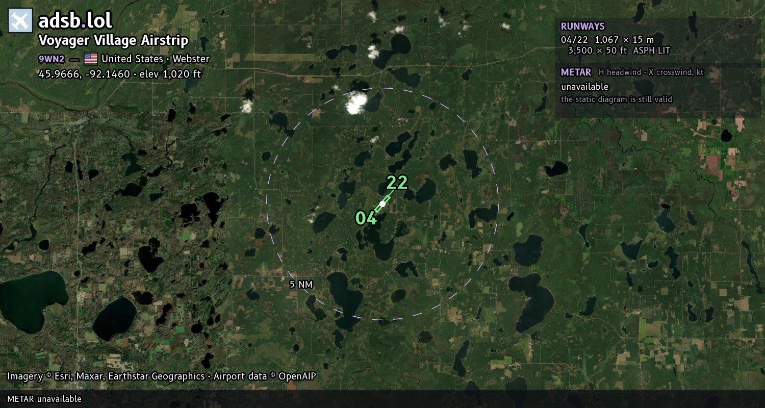 Satellite map with the runway layout of Voyager Village Airstrip (9WN2)