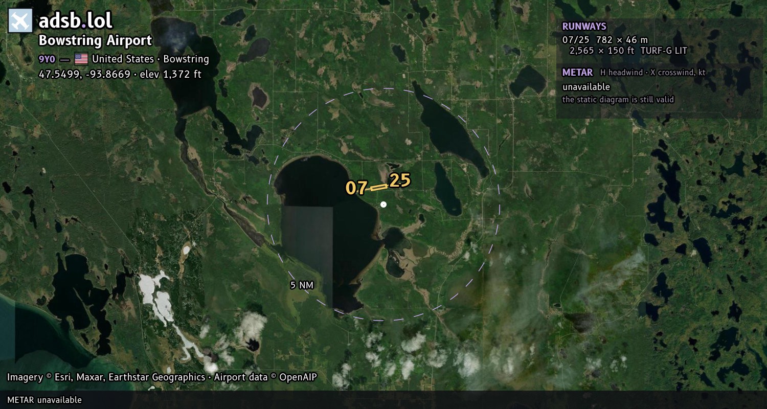 Satellite map with the runway layout of Bowstring Airport (9Y0)