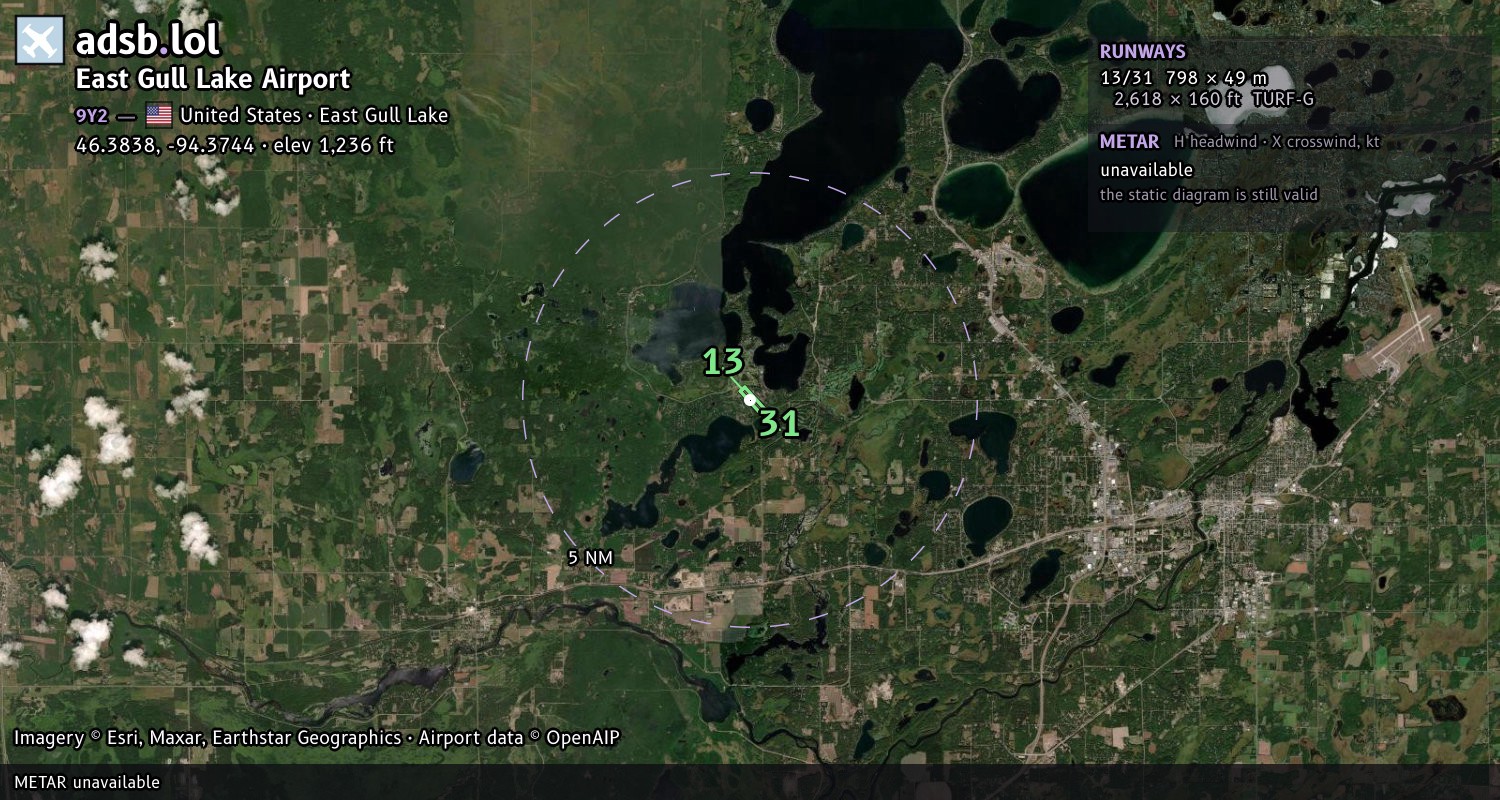 Satellite map with the runway layout of East Gull Lake Airport (9Y2)