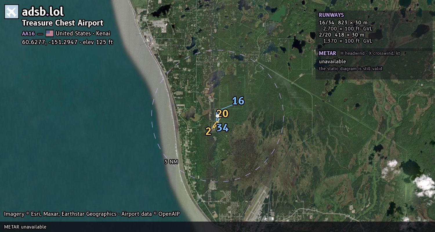 Satellite map with the runway layout of Treasure Chest Airport (AA16)