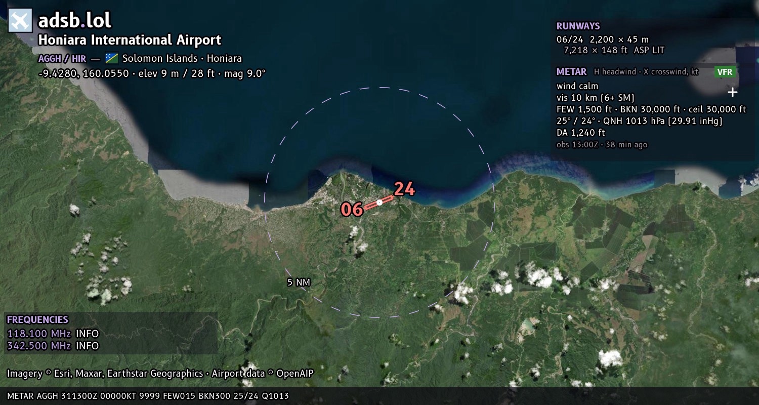 Satellite map with the runway layout of Honiara International Airport (AGGH)