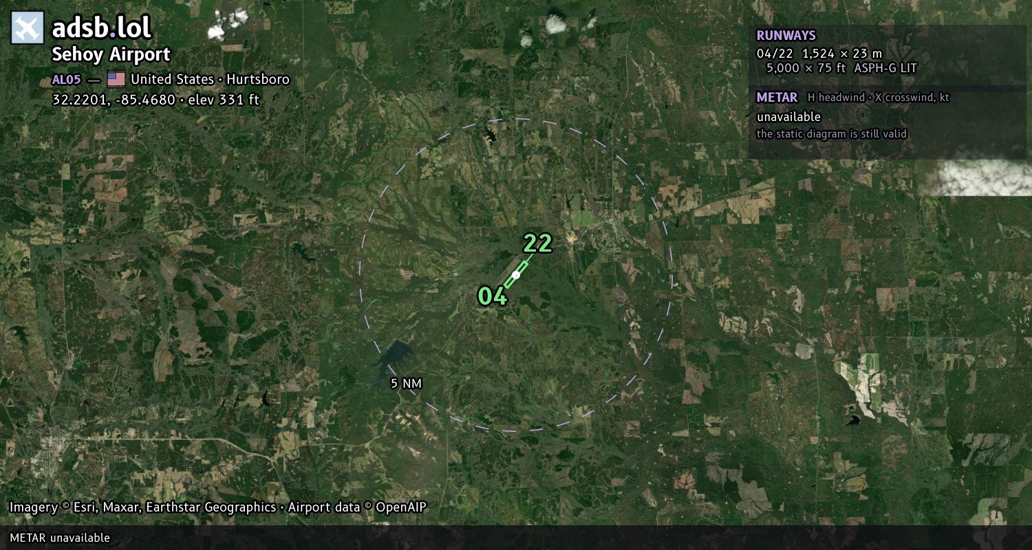 Satellite map with the runway layout of Sehoy Airport (AL05)
