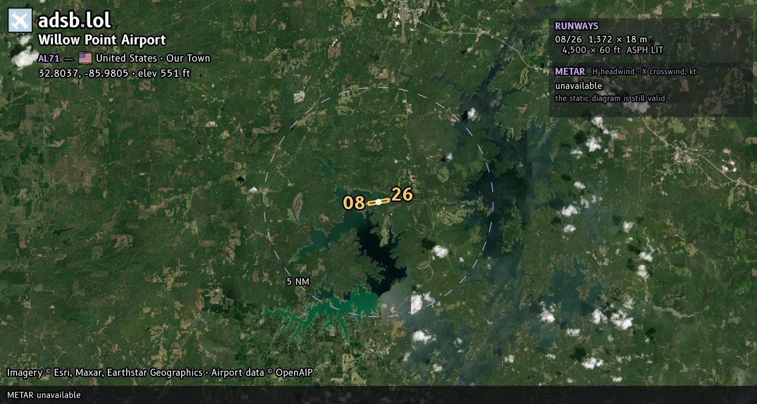 Satellite map with the runway layout of Willow Point Airport (AL71)