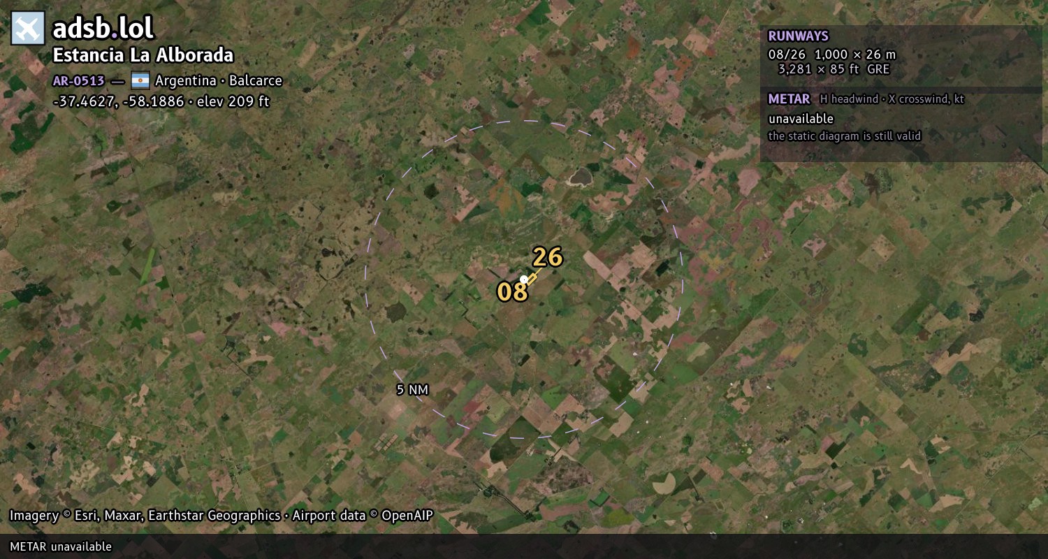 Satellite map with the runway layout of Estancia La Alborada (AR-0513)