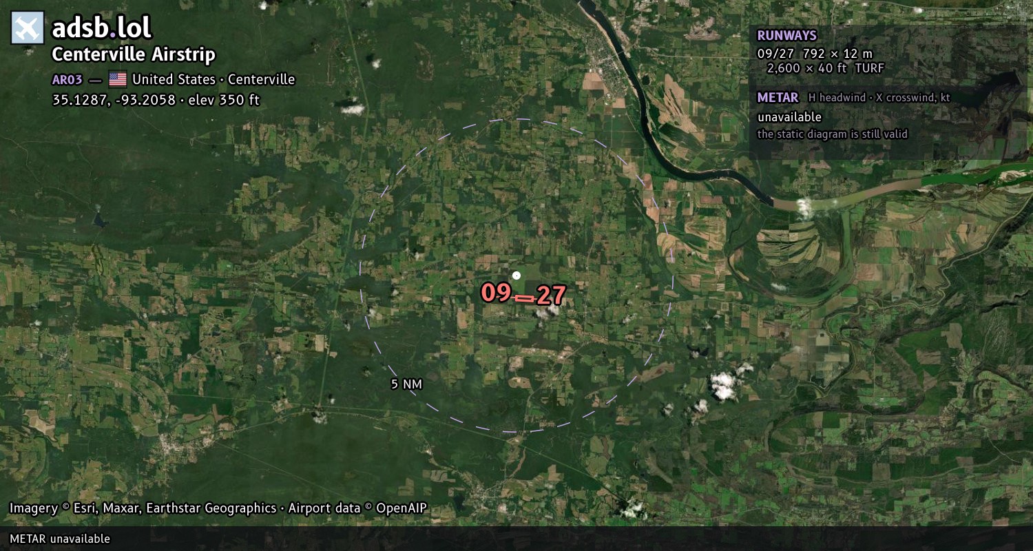 Satellite map with the runway layout of Centerville Airstrip (AR03)