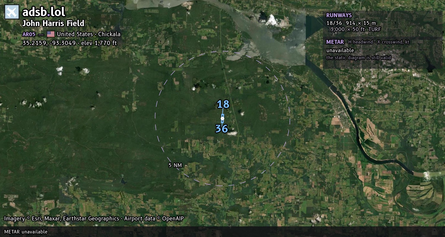 Satellite map with the runway layout of John Harris Field (AR05)