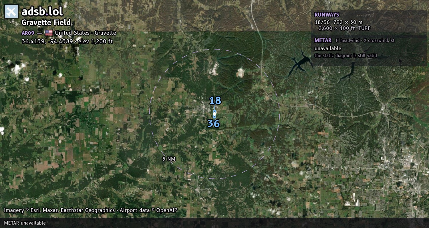 Satellite map with the runway layout of Gravette Field (AR09)