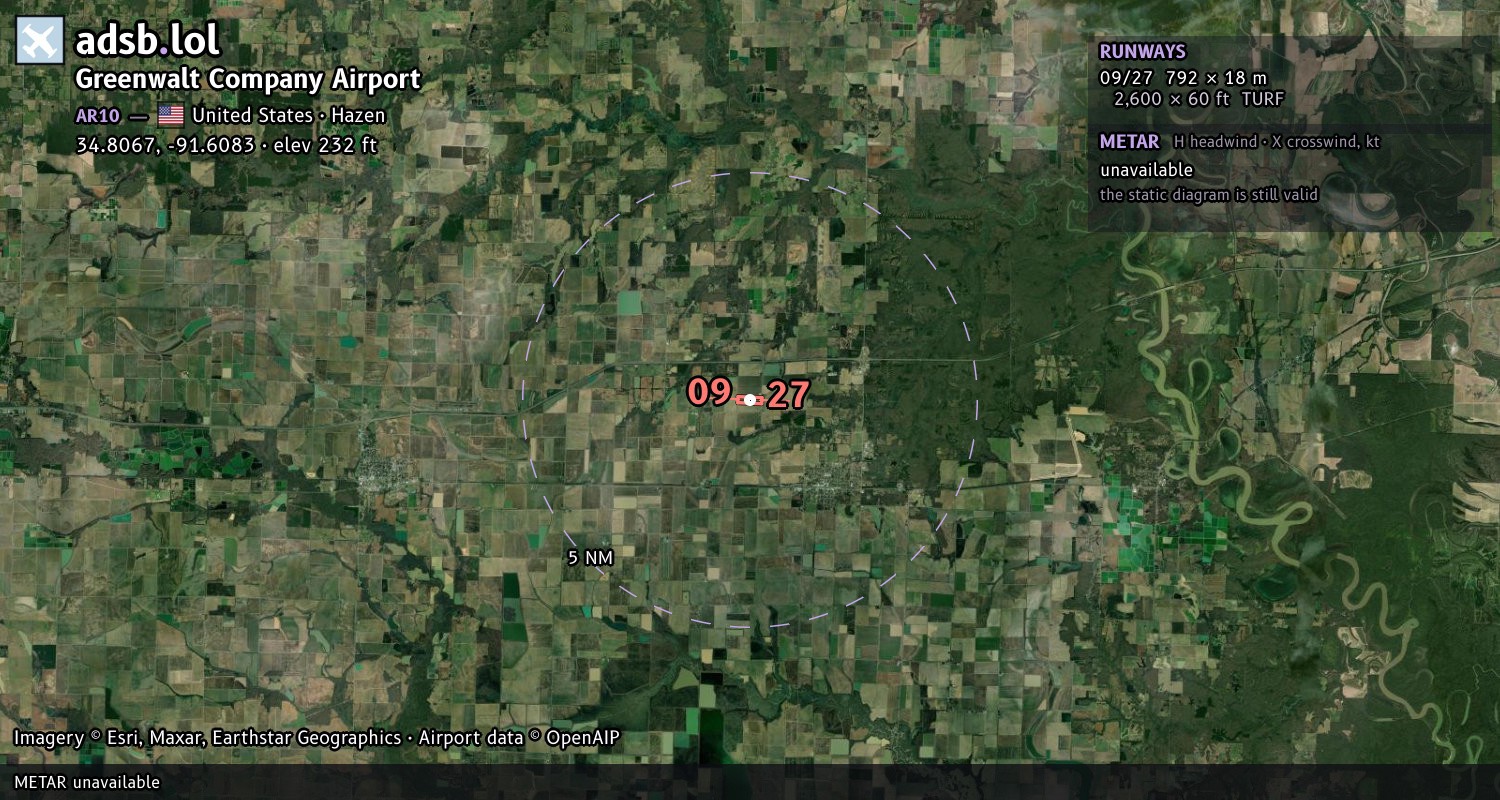 Satellite map with the runway layout of Greenwalt Company Airport (AR10)