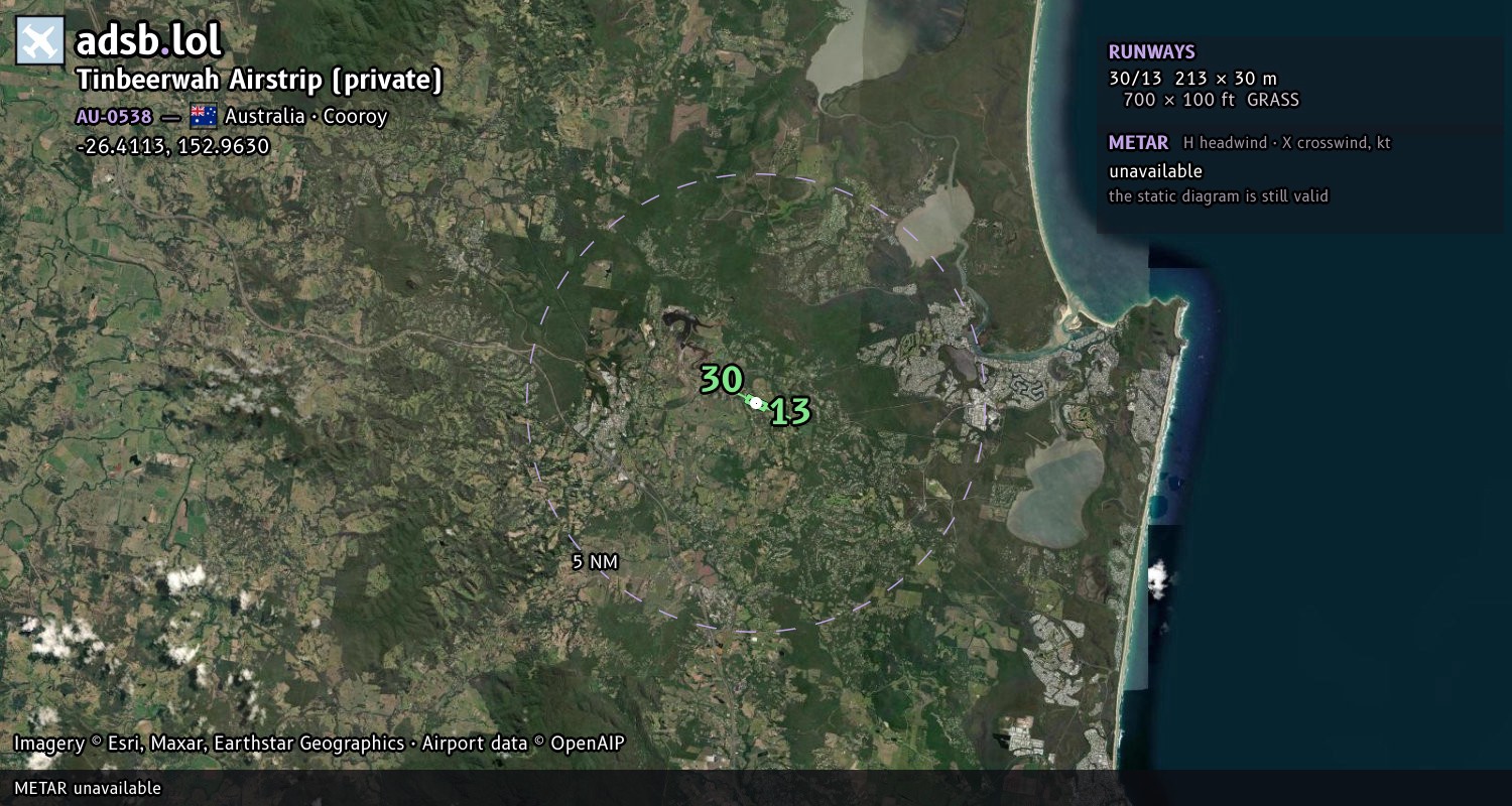Satellite map with the runway layout of Tinbeerwah Airstrip (private) (AU-0538)