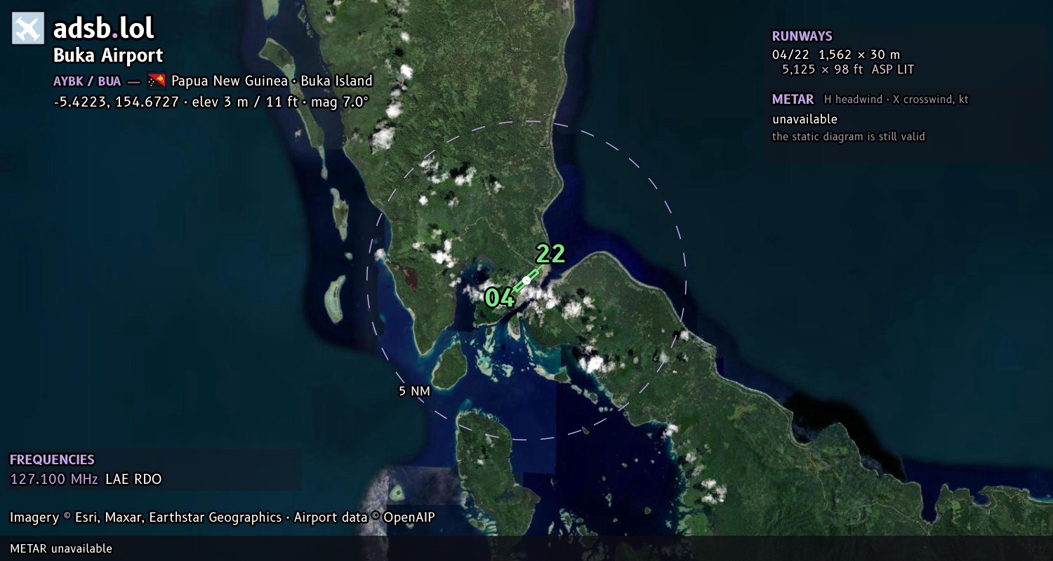 Satellite map with the runway layout of Buka Airport (AYBK)