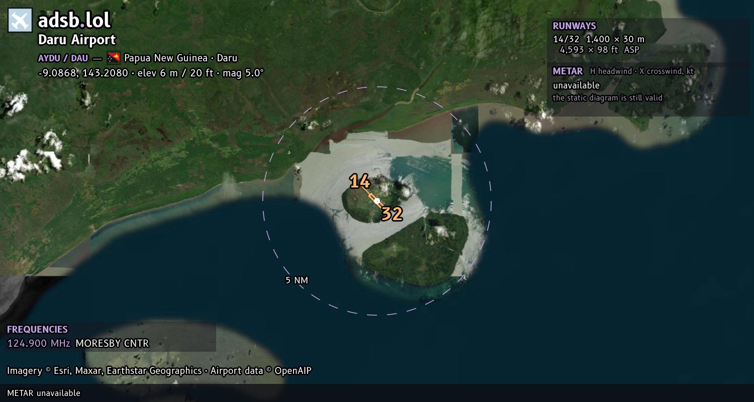 Satellite map with the runway layout of Daru Airport (AYDU)