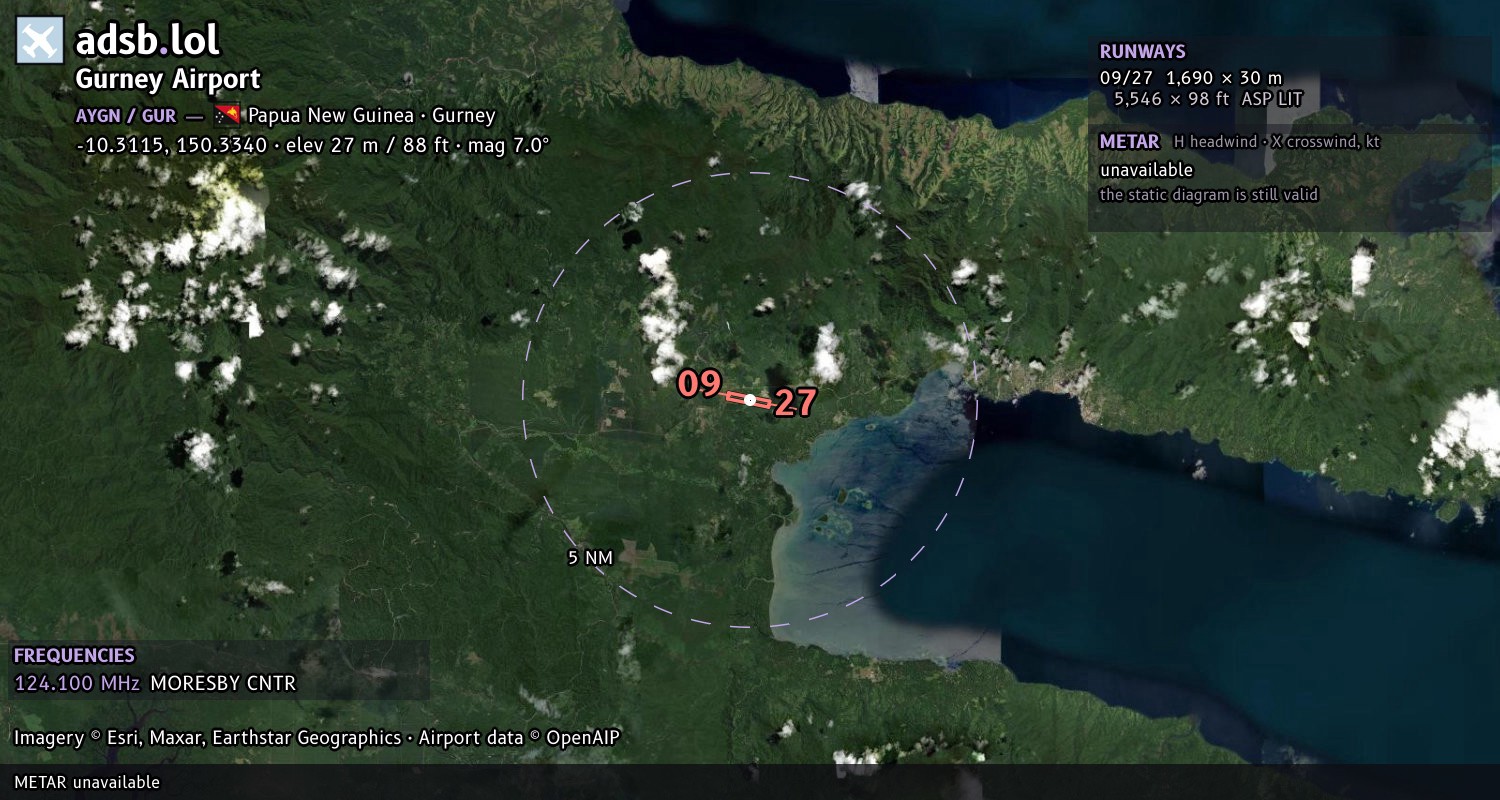 Satellite map with the runway layout of Gurney Airport (AYGN)